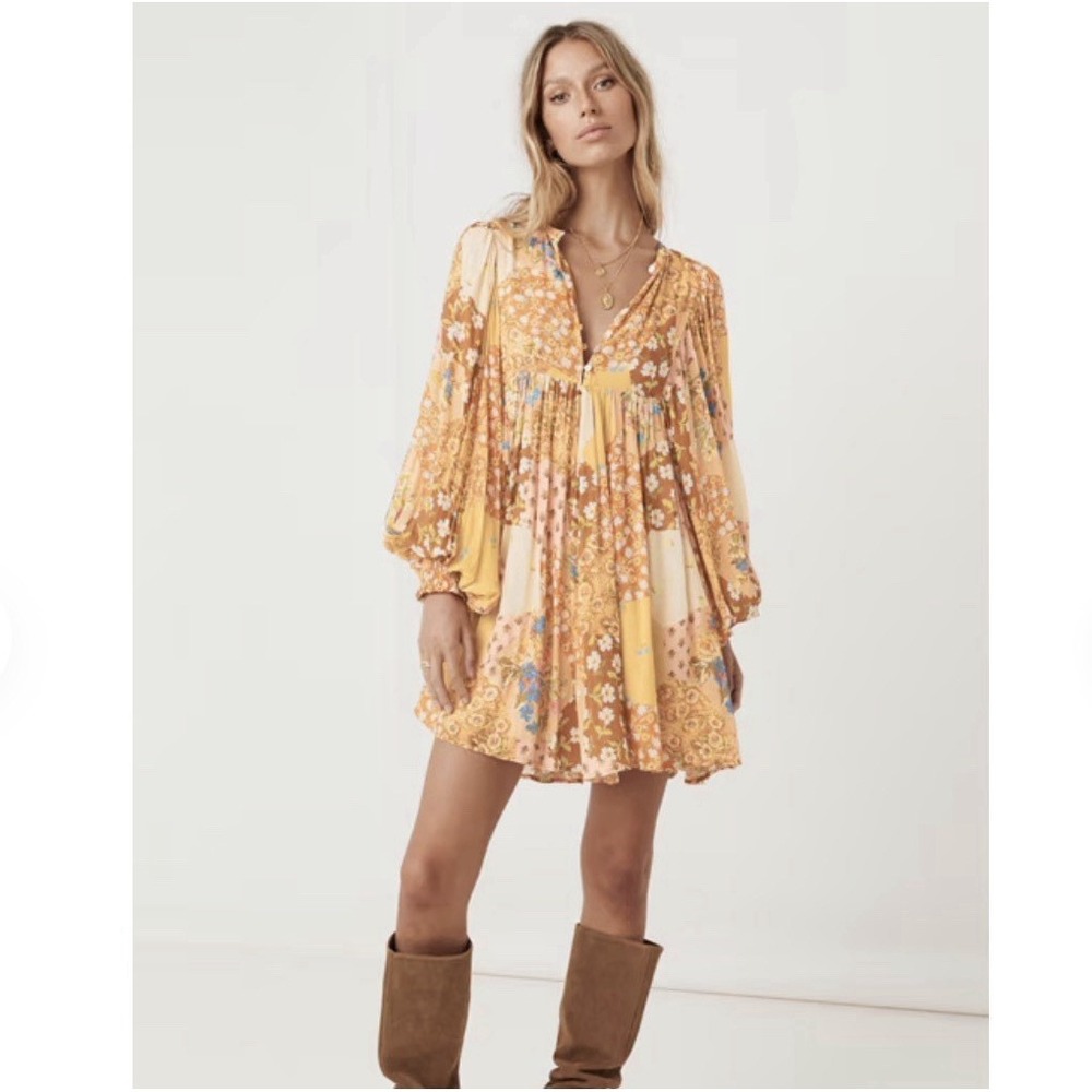 Unbranded Patchwork Mini Boho Dress Puff Sleeves Smocked V Neck Sz XL Viscose